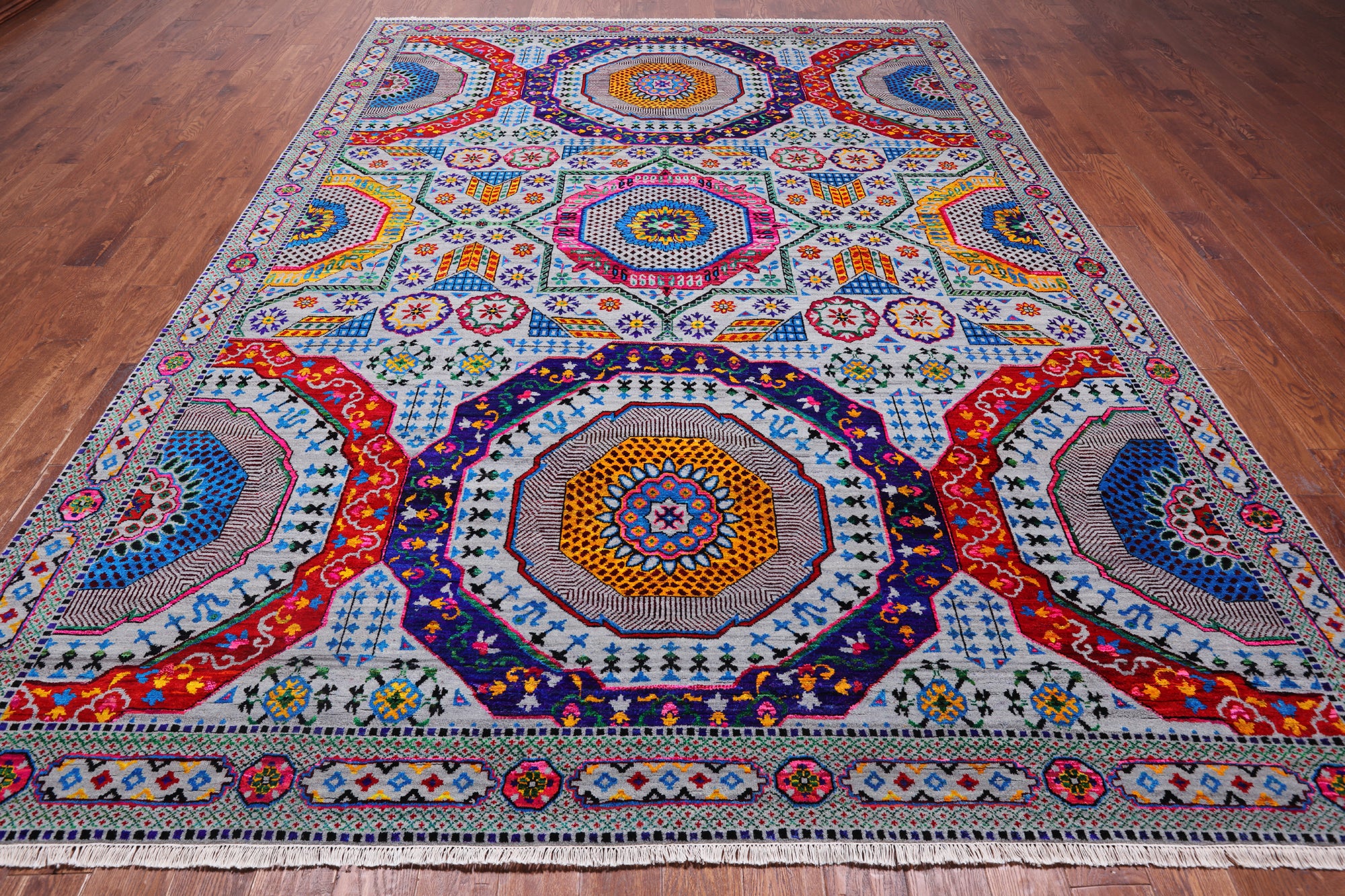 Grey Geometric Persian Mamluk Handmade Wool & Silk Rug - 9' 0" X 12' 0"