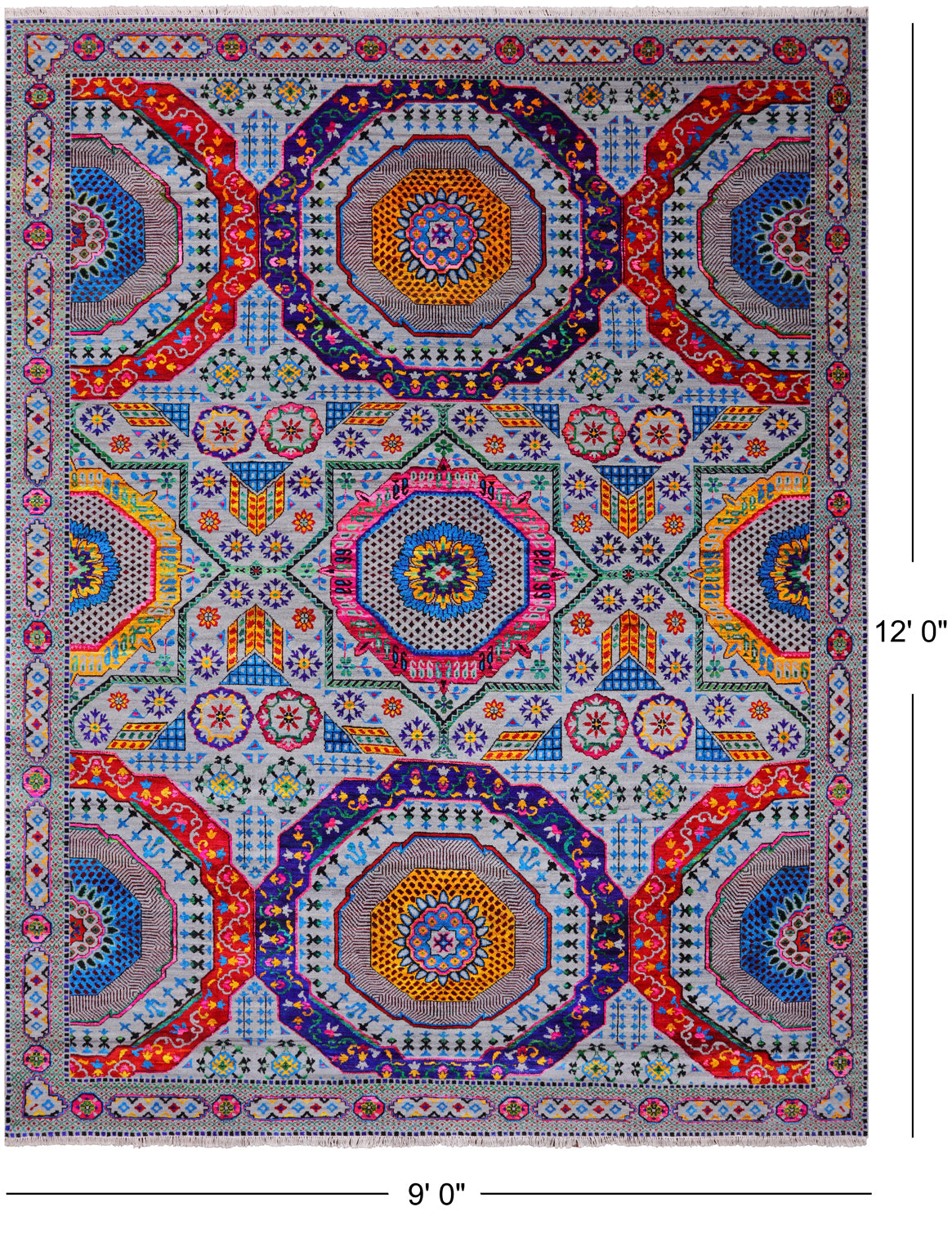 Grey Geometric Persian Mamluk Handmade Wool & Silk Rug - 9' 0" X 12' 0"