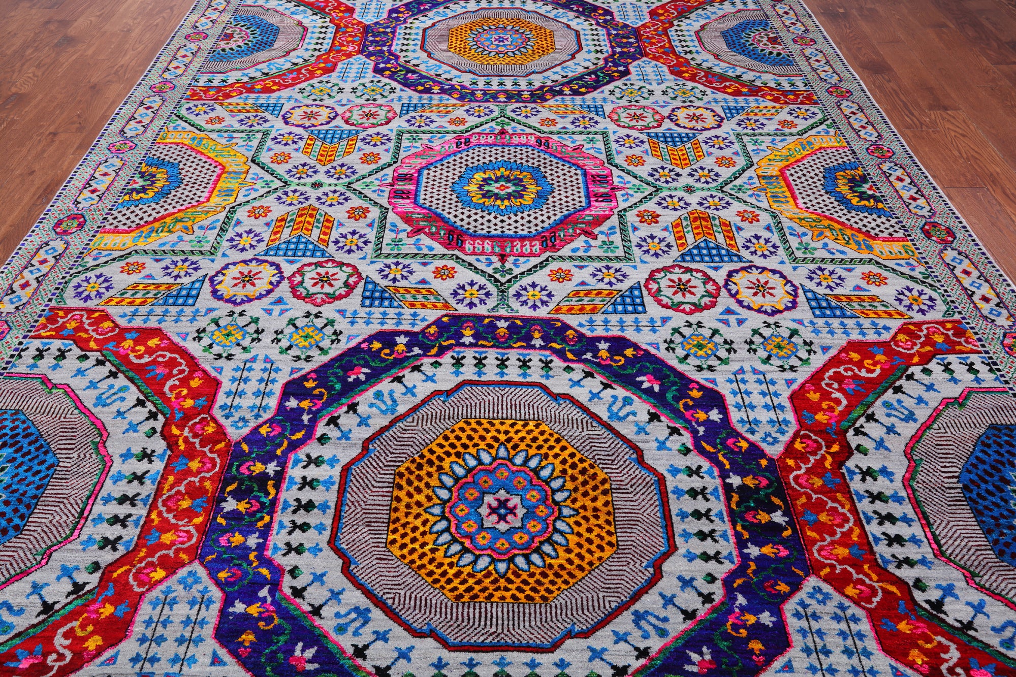 Grey Geometric Persian Mamluk Handmade Wool & Silk Rug - 9' 0" X 12' 0"
