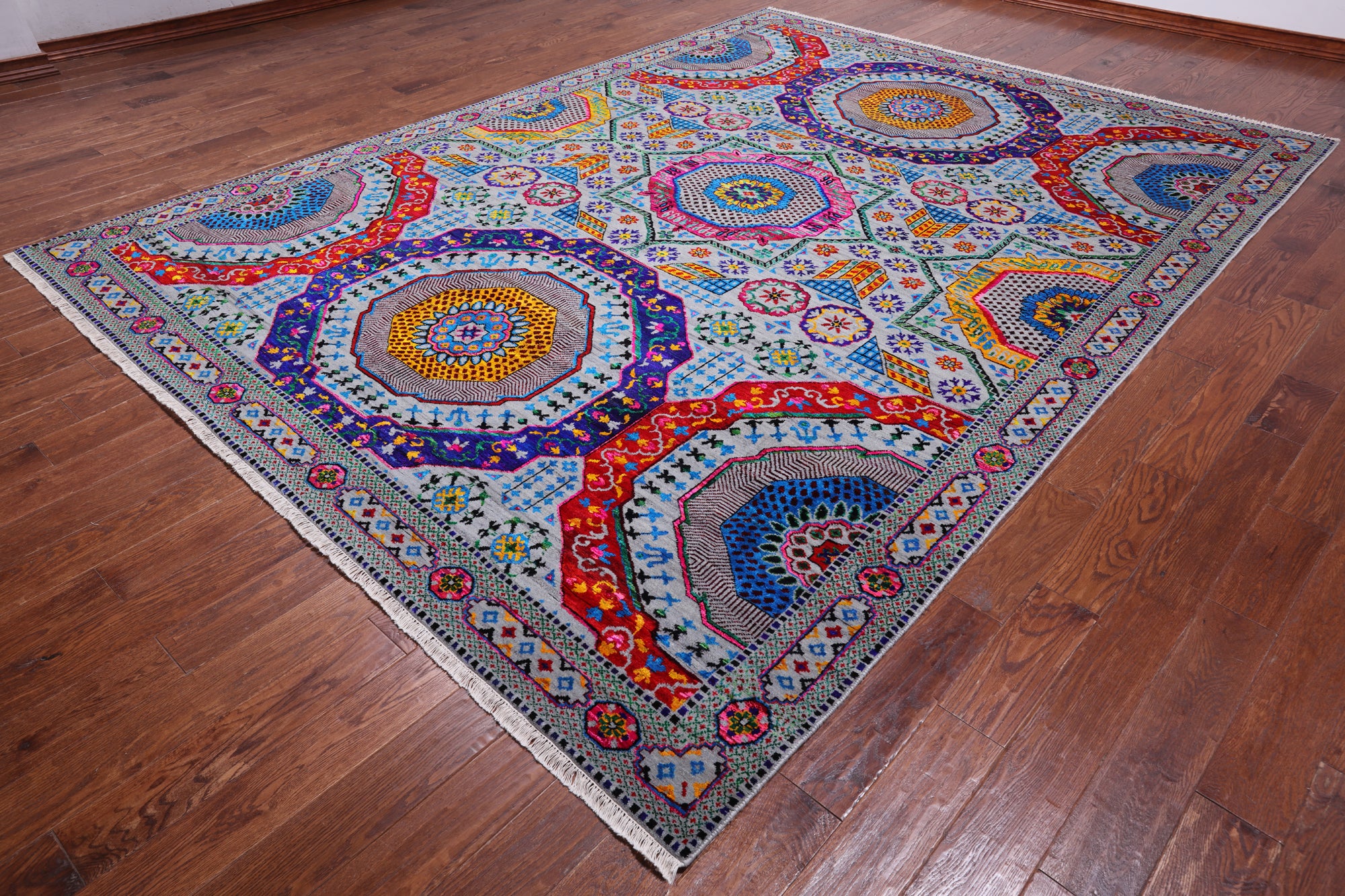 Grey Geometric Persian Mamluk Handmade Wool & Silk Rug - 9' 0" X 12' 0"
