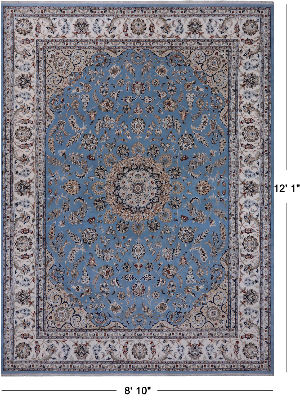 Blue Persian Nain Hand Knotted Wool & Silk Rug - 8' 10" X 12' 1"