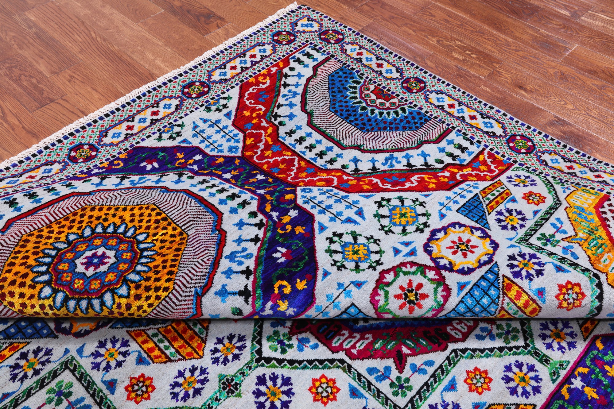 Grey Geometric Persian Mamluk Hand Knotted Wool & Silk Rug - 8' 1" X 10' 0"