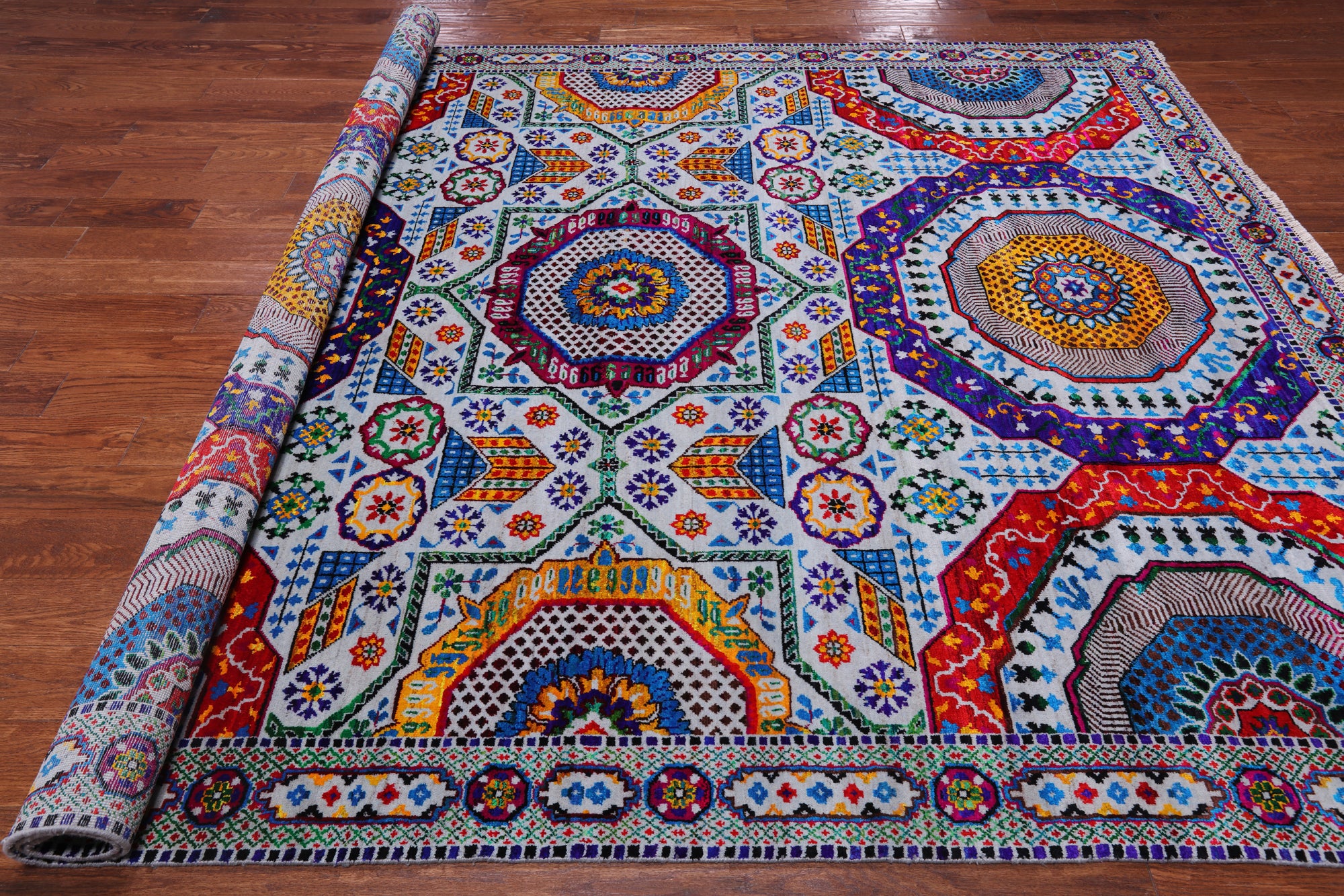 Grey Geometric Persian Mamluk Hand Knotted Wool & Silk Rug - 8' 1" X 10' 0"