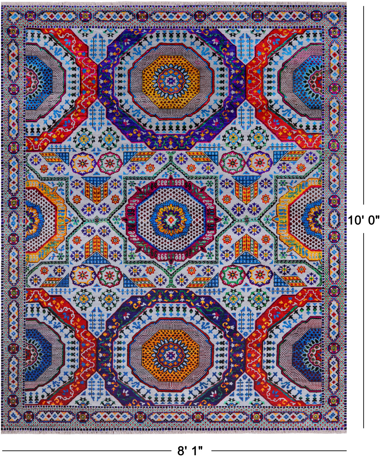 Grey Geometric Persian Mamluk Hand Knotted Wool & Silk Rug - 8' 1" X 10' 0"