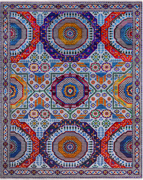 Grey Geometric Persian Mamluk Hand Knotted Wool & Silk Rug - 8' 1" X 10' 0"