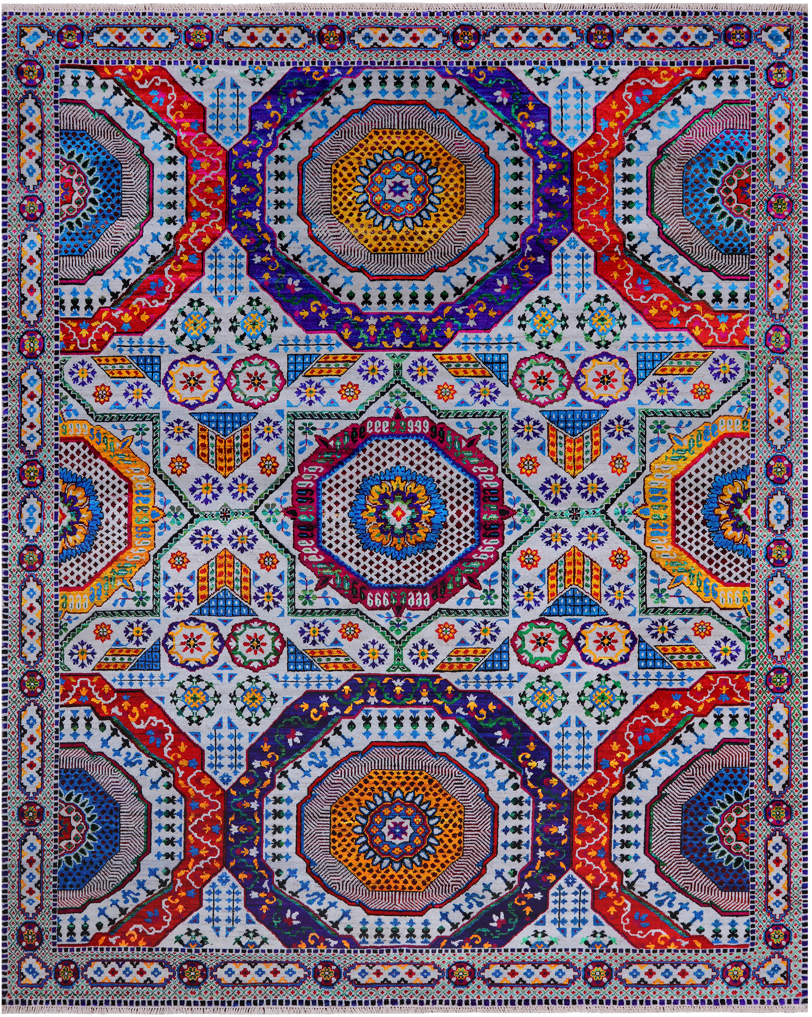 Grey Geometric Persian Mamluk Hand Knotted Wool & Silk Rug - 8' 1" X 10' 0"