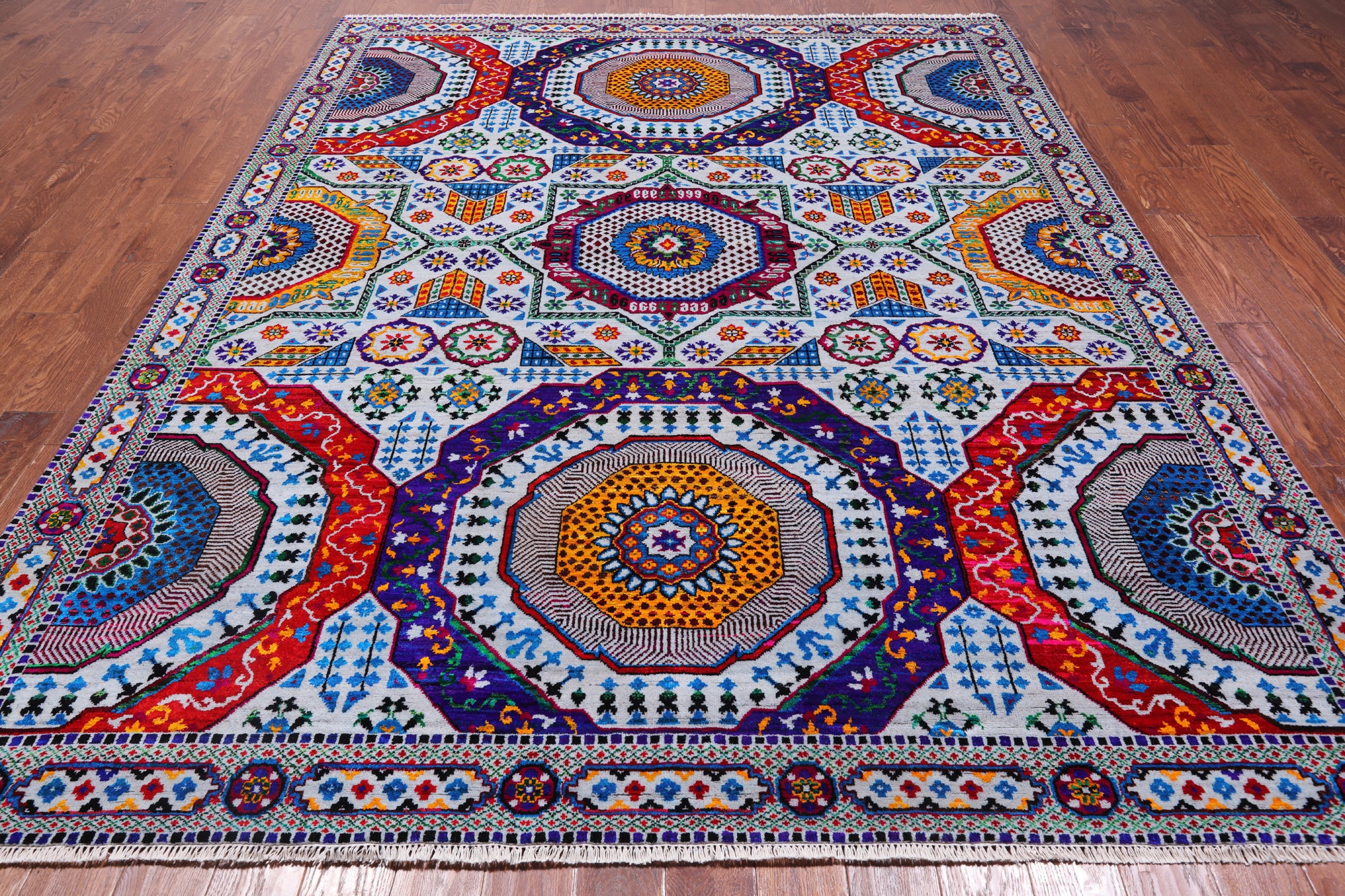 Grey Geometric Persian Mamluk Hand Knotted Wool & Silk Rug - 8' 1" X 10' 0"