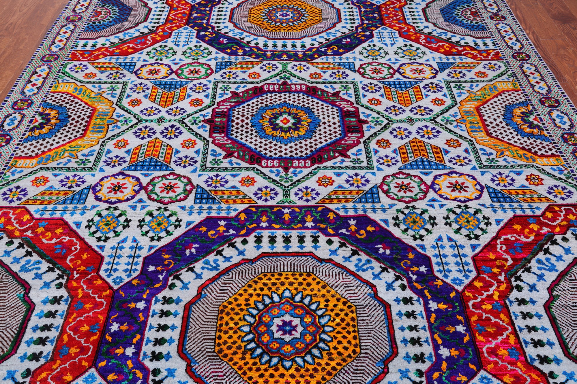 Grey Geometric Persian Mamluk Hand Knotted Wool & Silk Rug - 8' 1" X 10' 0"