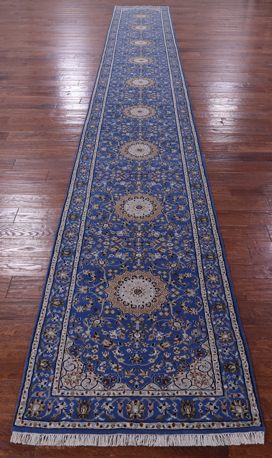 Blue Persian Nain Hand Knotted Wool & Silk Rug - 2' 8" X 20' 4"