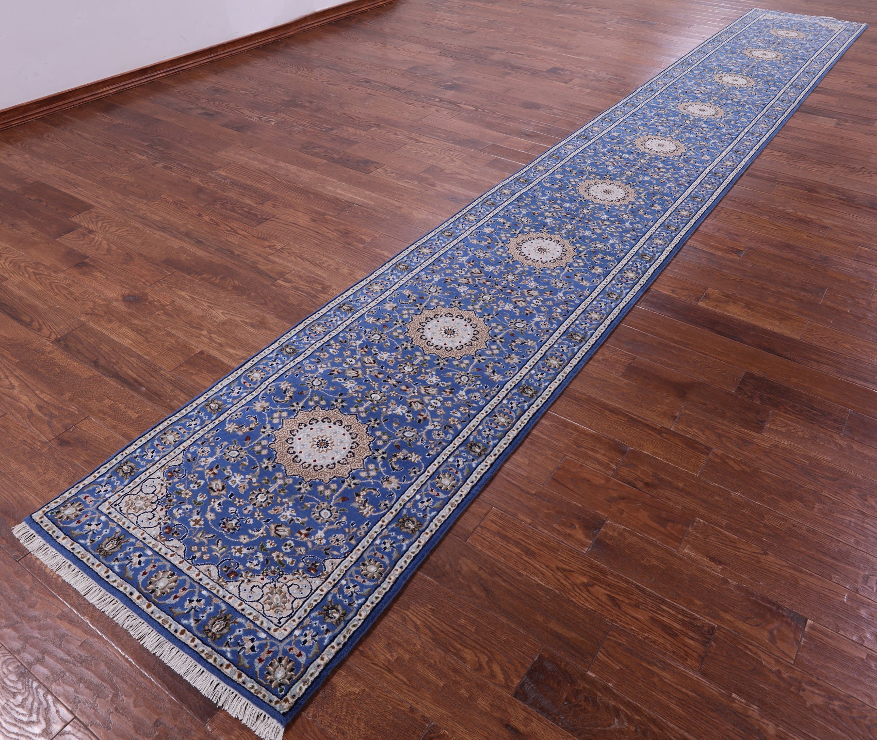 Blue Persian Nain Hand Knotted Wool & Silk Rug - 2' 8" X 20' 4"