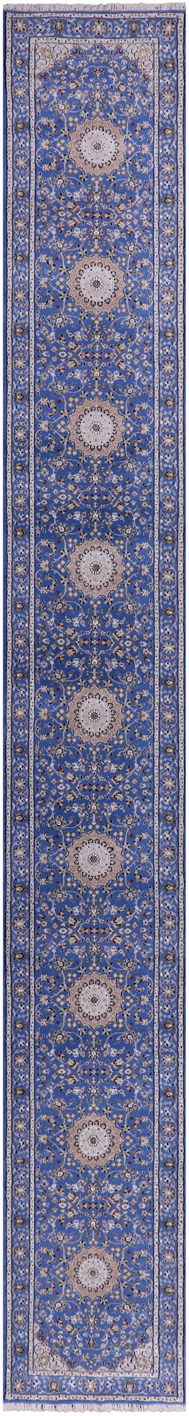 Blue Persian Nain Hand Knotted Wool & Silk Rug - 2' 8" X 20' 4"