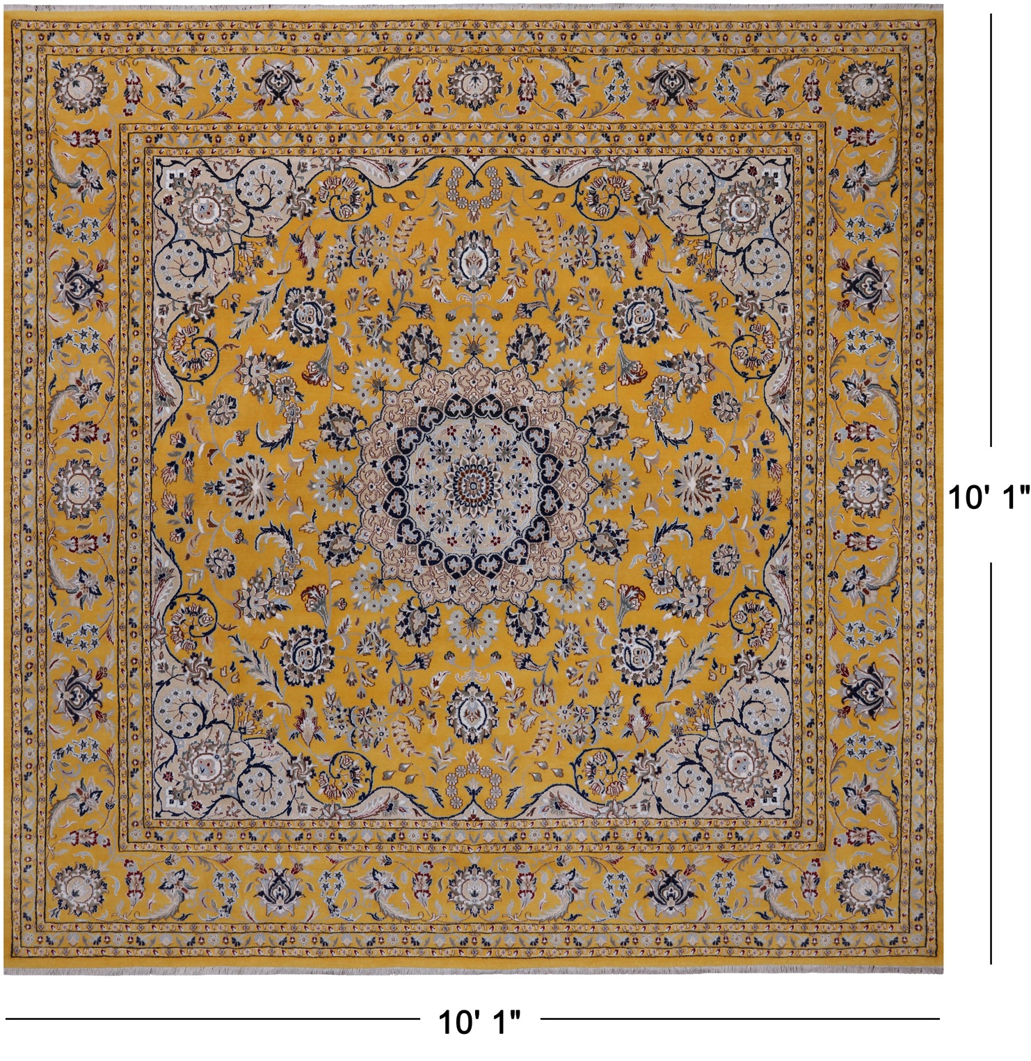 Gold Square Persian Nain Hand Knotted Wool & Silk Rug - 10' 1" X 10' 1"