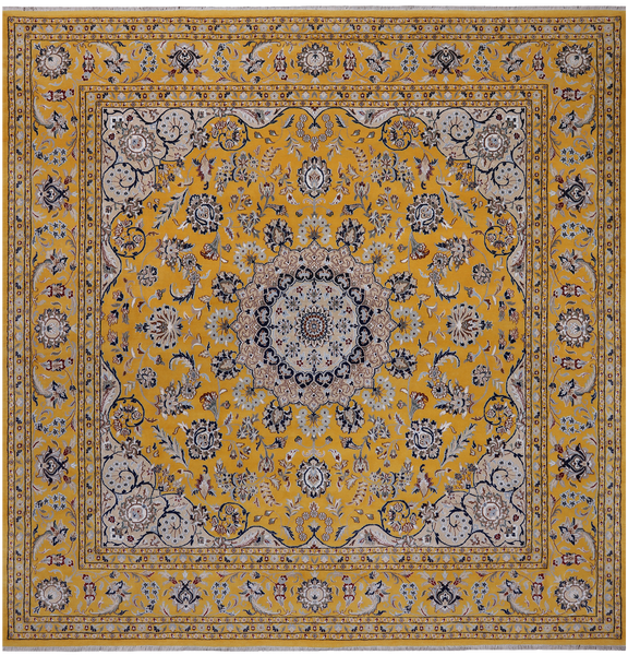 Gold Square Persian Nain Hand Knotted Wool & Silk Rug - 10' 1" X 10' 1"