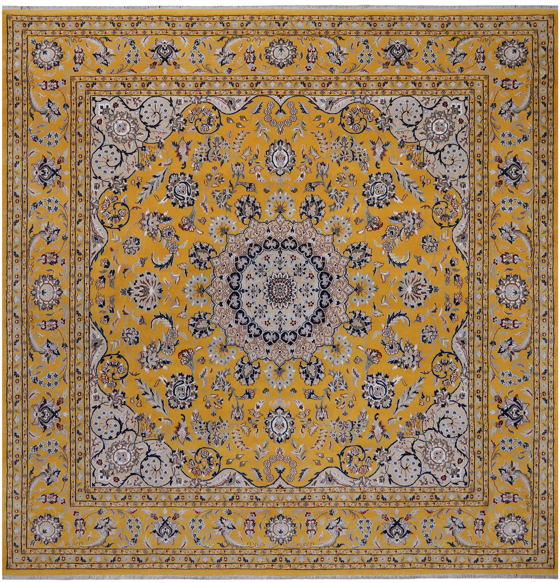 Gold Square Persian Nain Hand Knotted Wool & Silk Rug - 10' 1" X 10' 1"