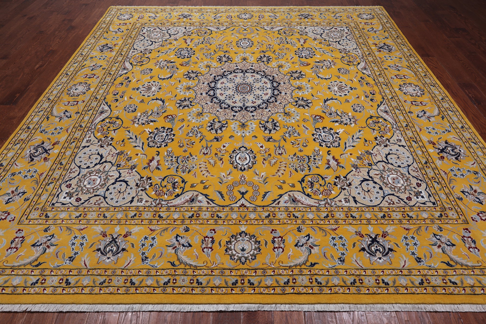 Gold Square Persian Nain Hand Knotted Wool & Silk Rug - 10' 1" X 10' 1"