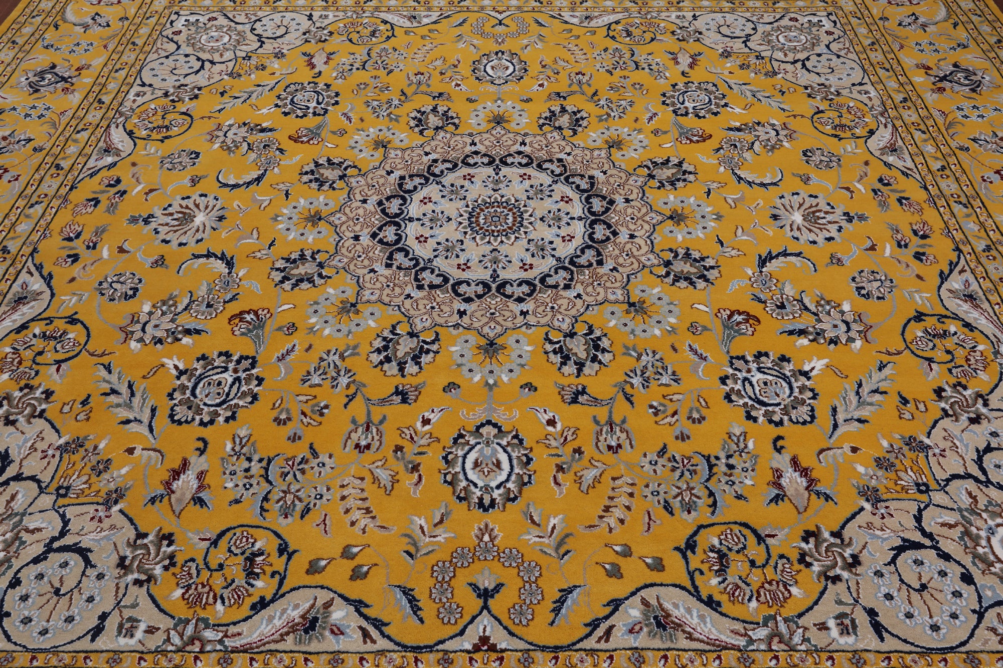 Gold Square Persian Nain Hand Knotted Wool & Silk Rug - 10' 1" X 10' 1"