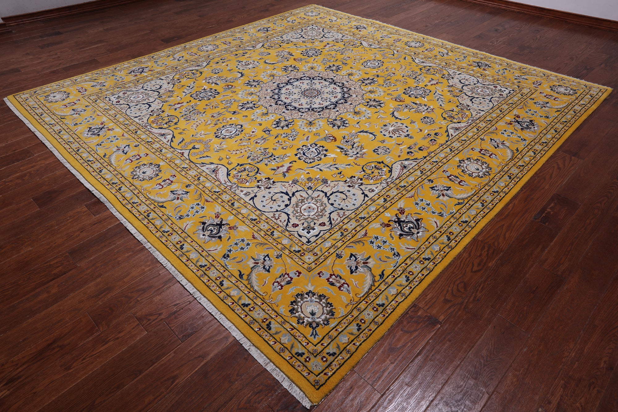 Gold Square Persian Nain Hand Knotted Wool & Silk Rug - 10' 1" X 10' 1"