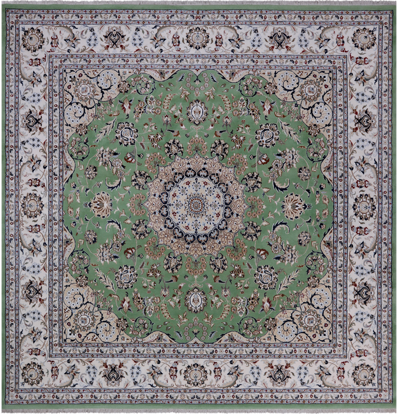Green Square Persian Nain Hand Knotted Wool & Silk Rug - 10' 0" X 10' 0"