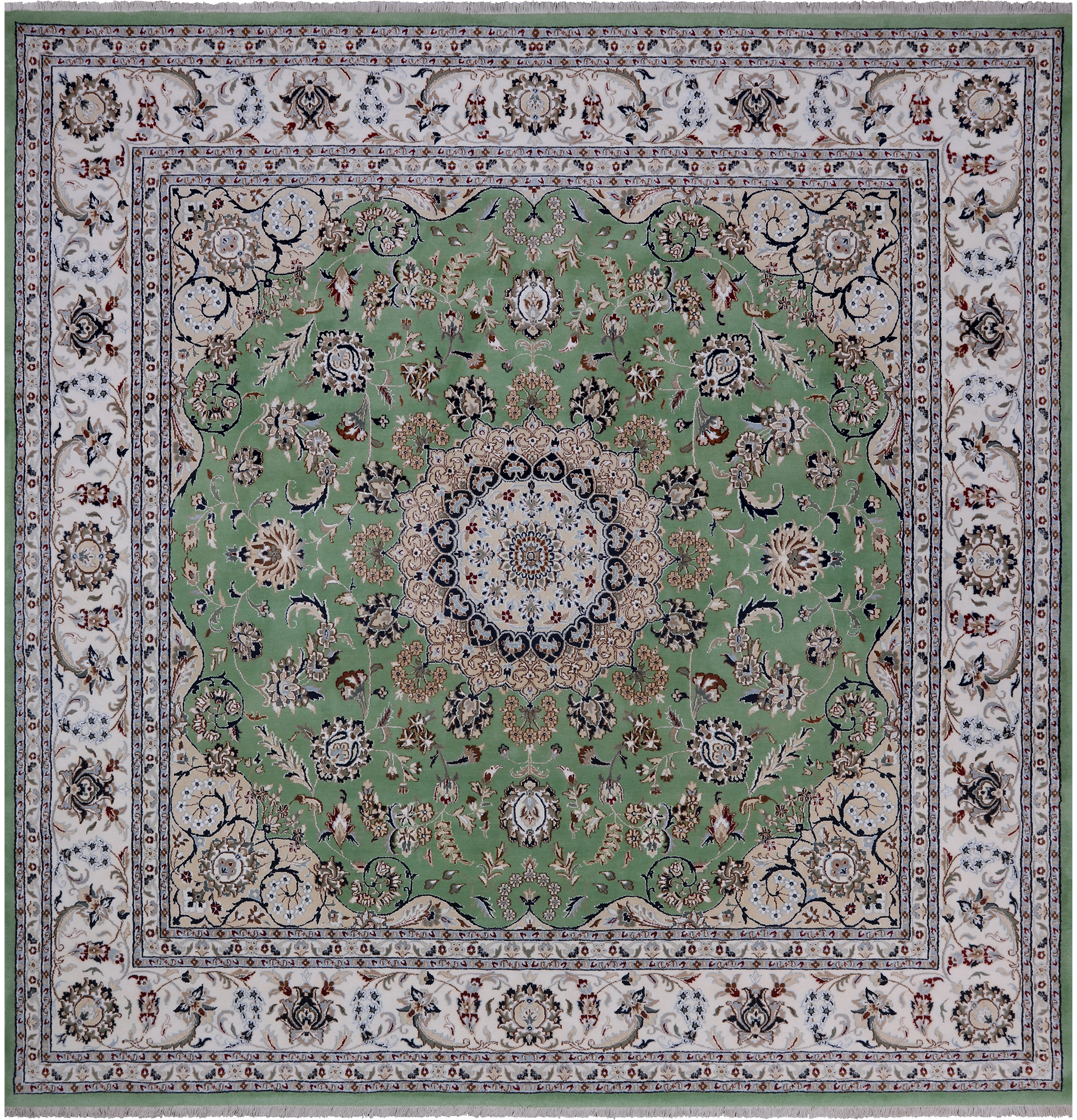 Green Square Persian Nain Hand Knotted Wool & Silk Rug - 10' 0" X 10' 0"