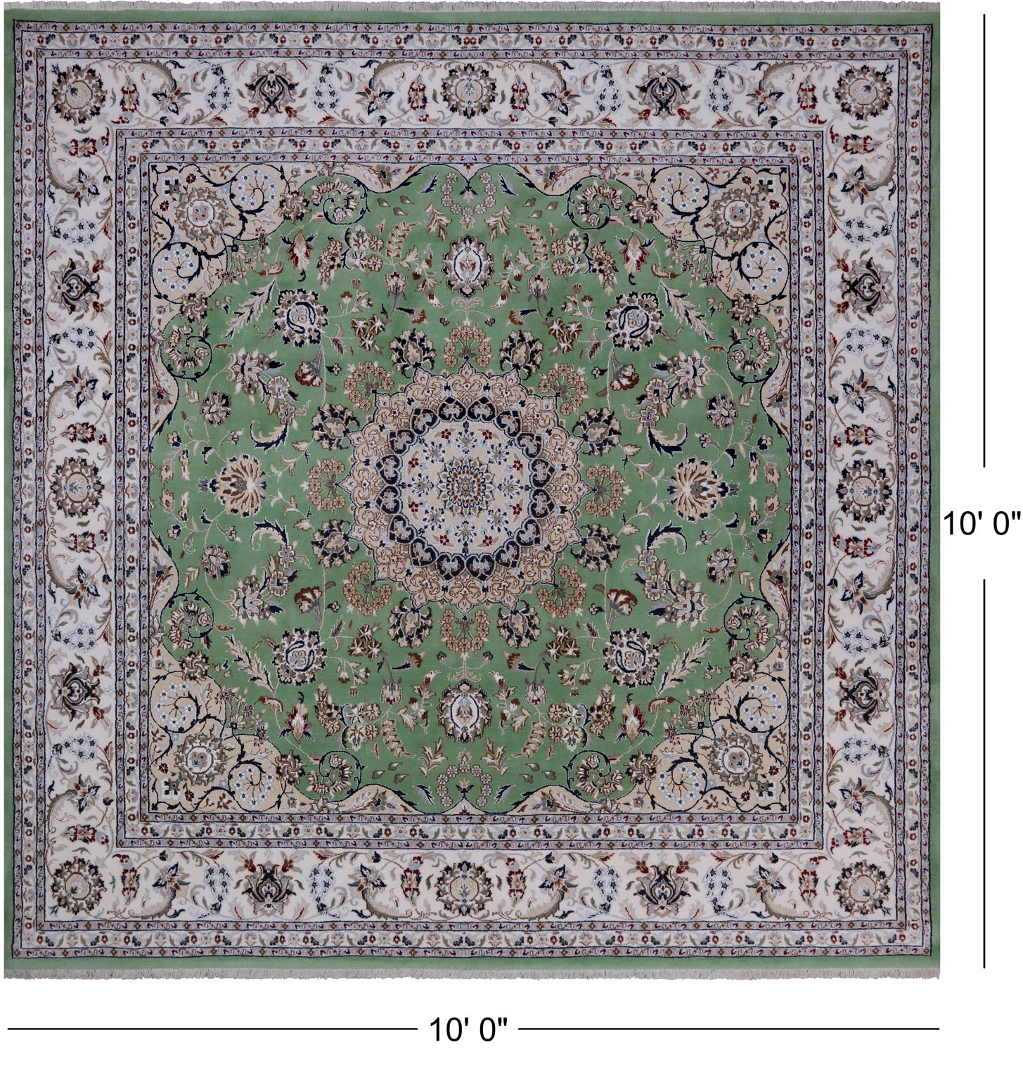 Green Square Persian Nain Hand Knotted Wool & Silk Rug - 10' 0" X 10' 0"