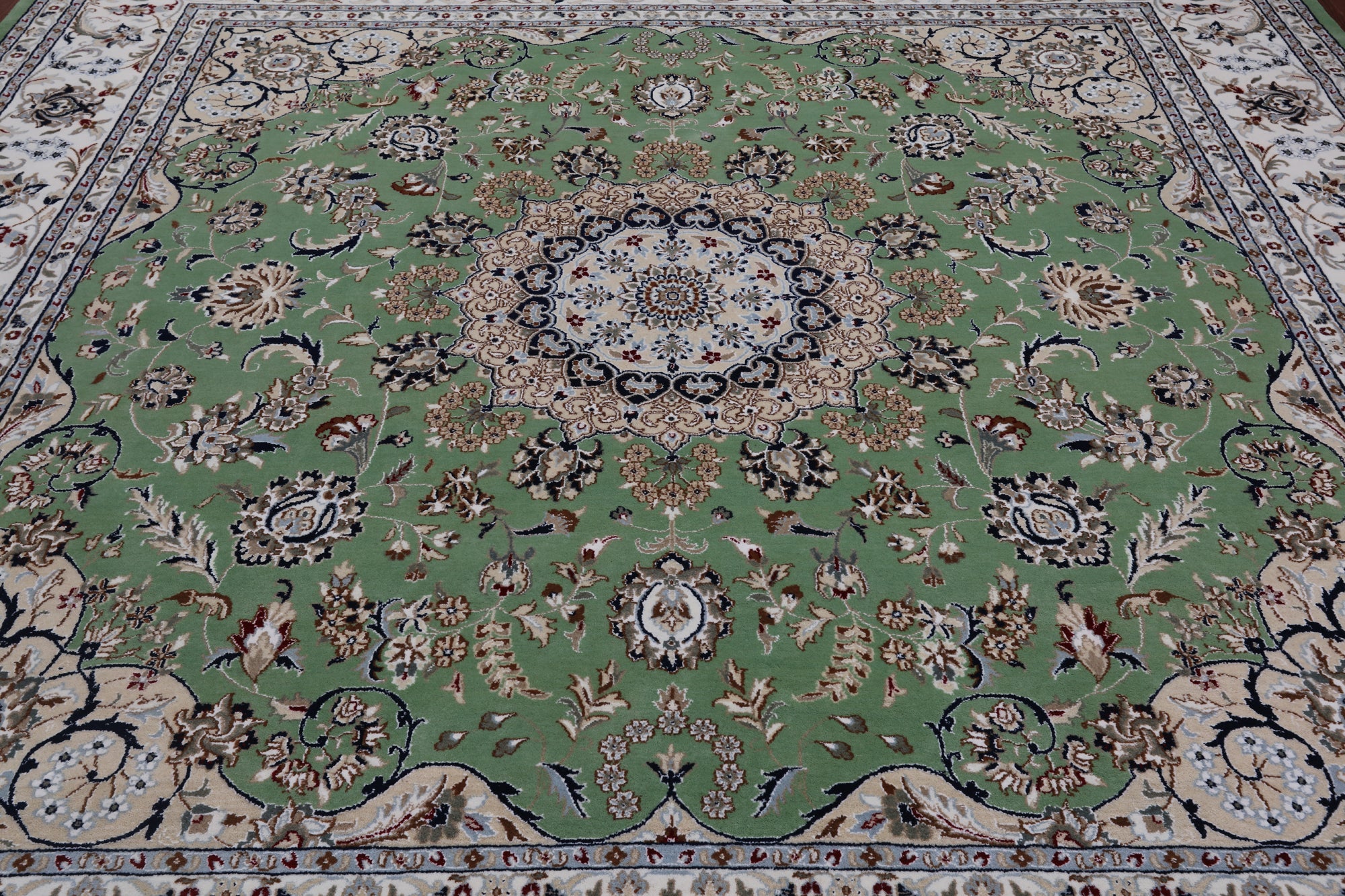 Green Square Persian Nain Hand Knotted Wool & Silk Rug - 10' 0" X 10' 0"