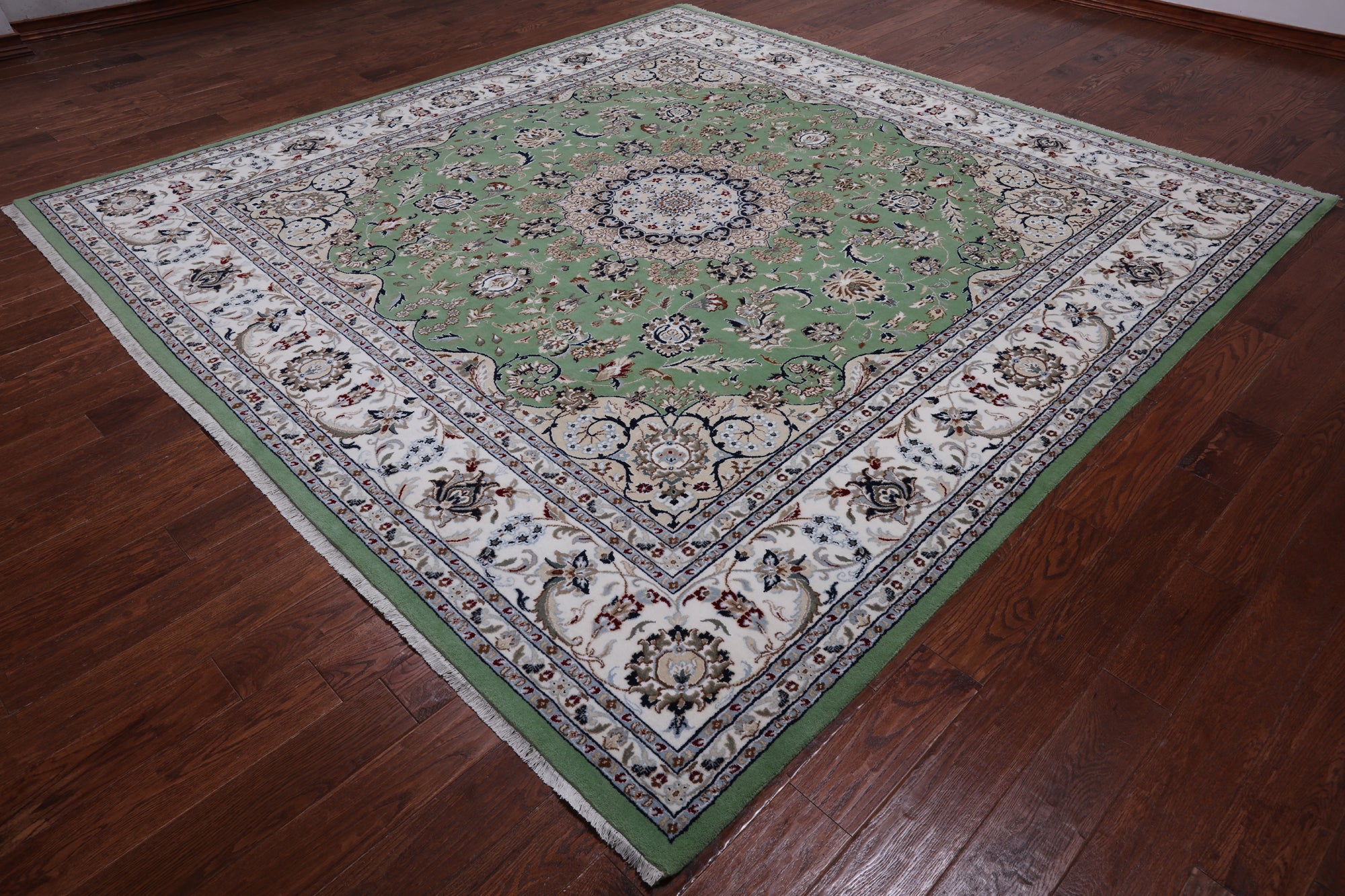 Green Square Persian Nain Hand Knotted Wool & Silk Rug - 10' 0" X 10' 0"