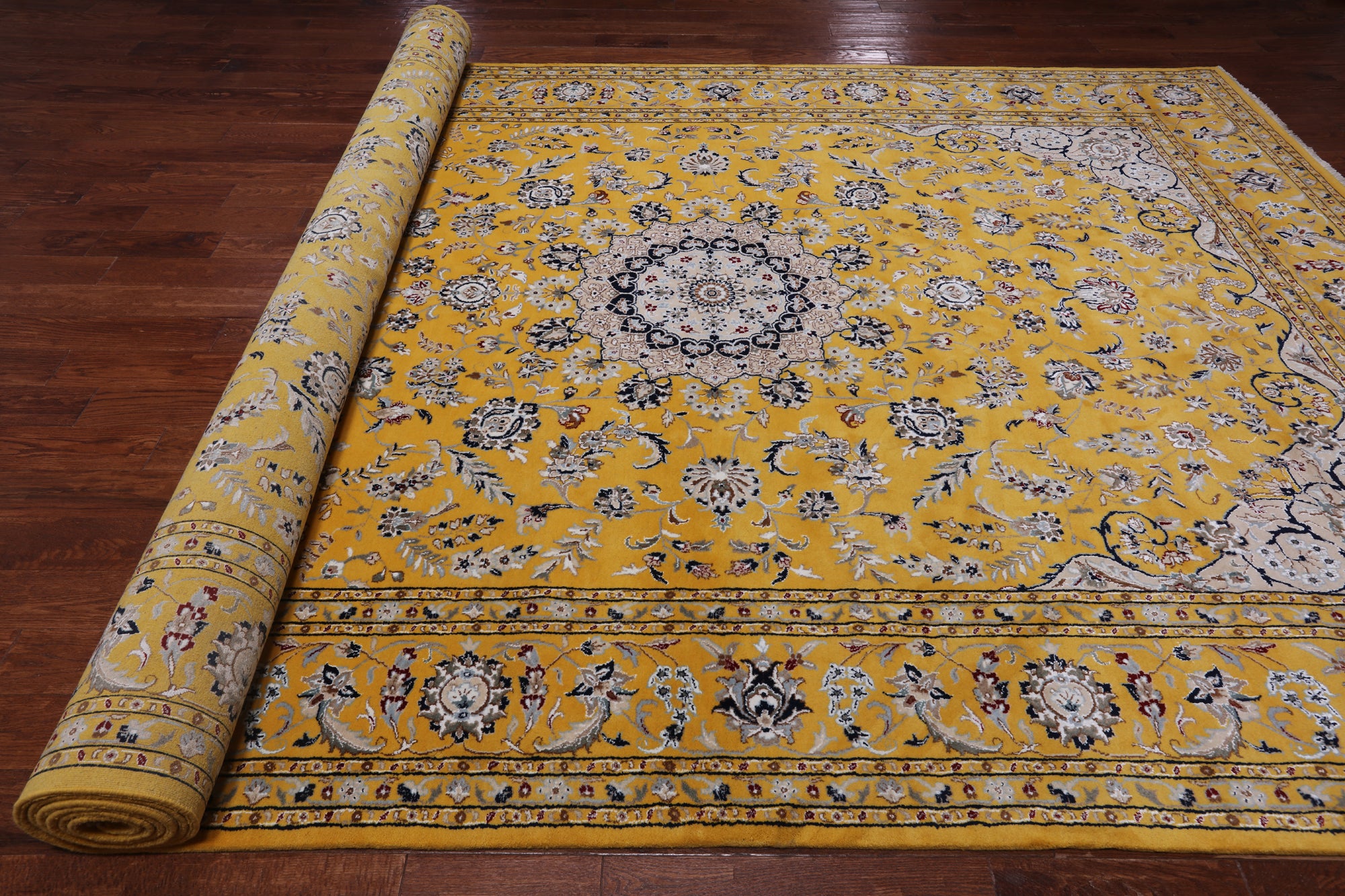 Gold Persian Nain Hand-Knotted Wool & Silk Rug - 9' 1" X 18' 2"