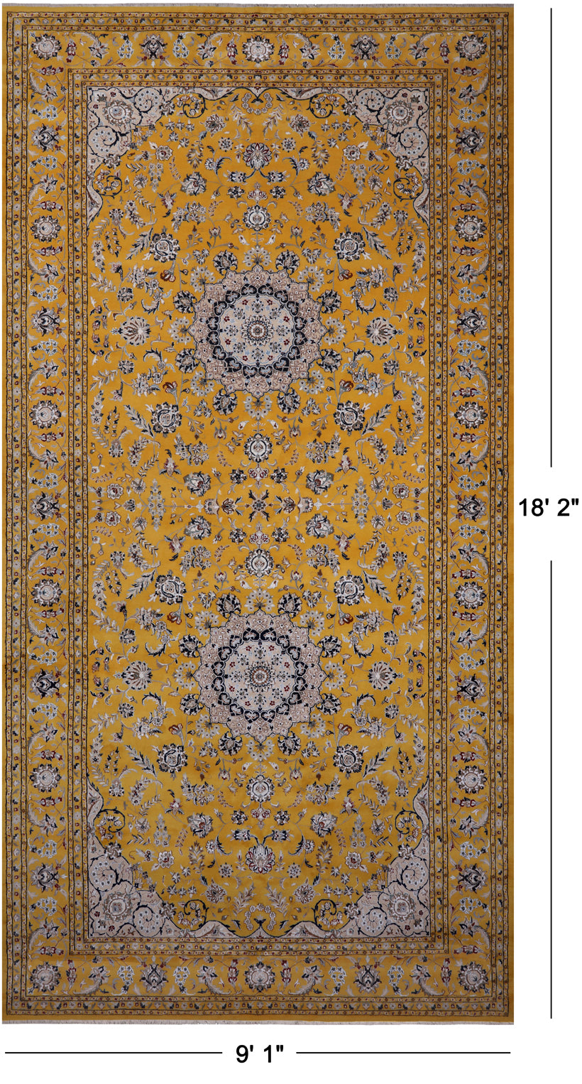 Gold Persian Nain Hand-Knotted Wool & Silk Rug - 9' 1" X 18' 2"