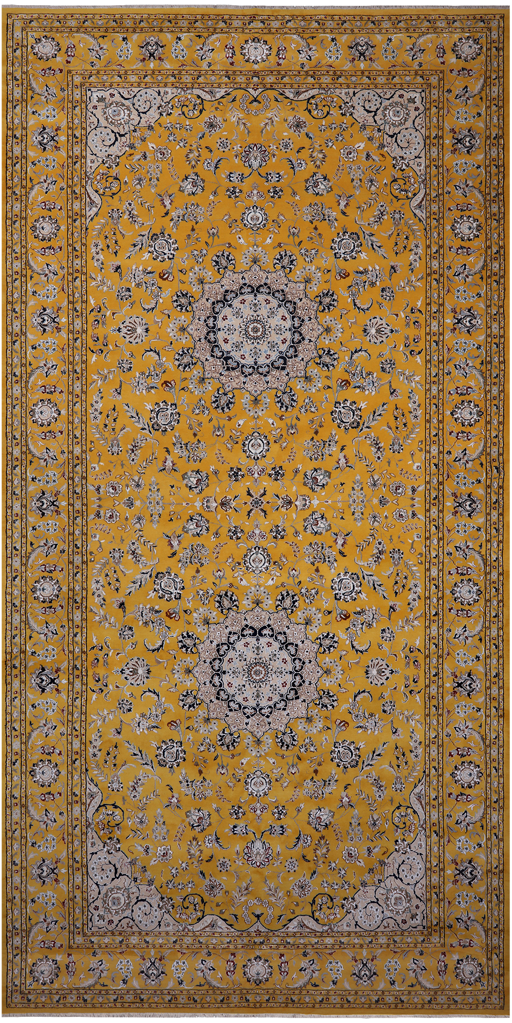 Gold Persian Nain Hand-Knotted Wool & Silk Rug - 9' 1" X 18' 2"