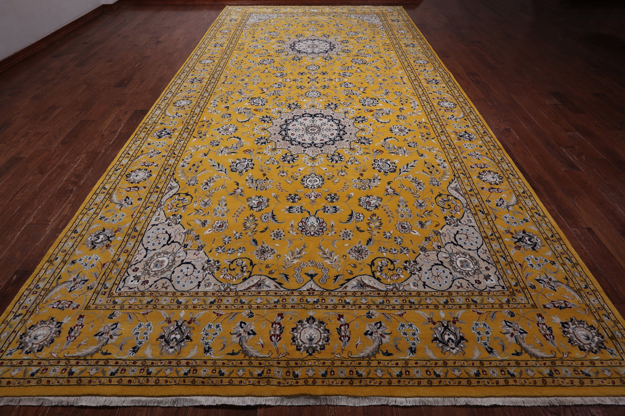 Gold Persian Nain Hand-Knotted Wool & Silk Rug - 9' 1" X 18' 2"