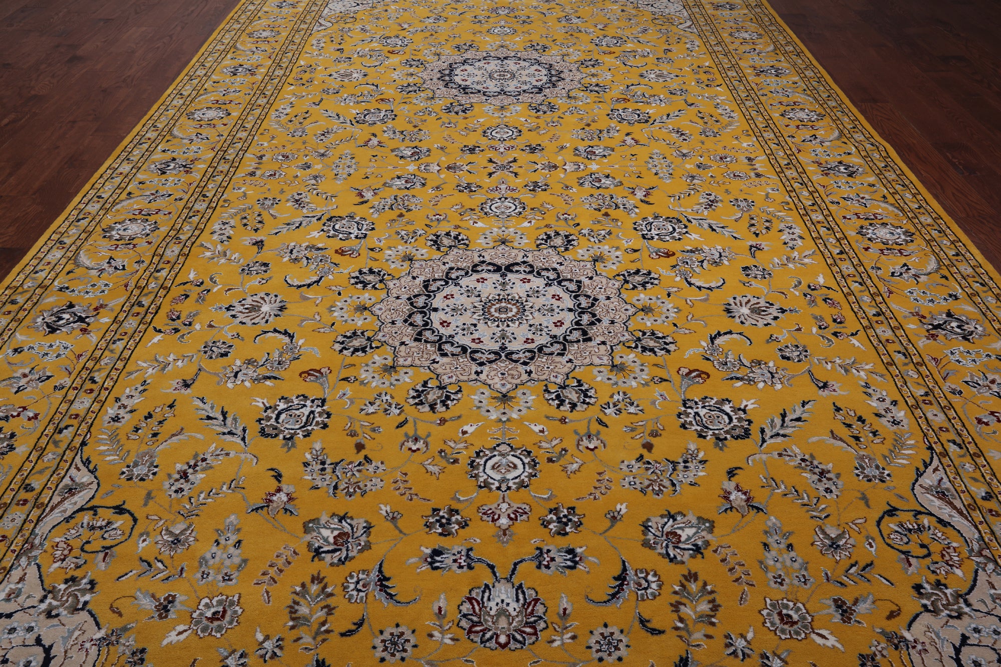 Gold Persian Nain Hand-Knotted Wool & Silk Rug - 9' 1" X 18' 2"