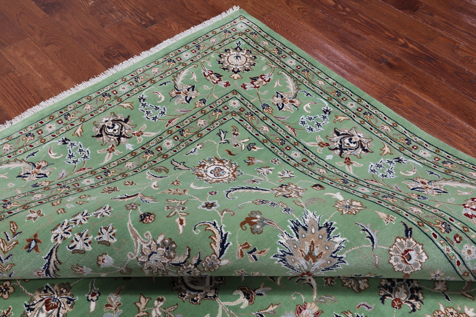 Green Persian Nain Hand Knotted Wool & Silk Rug - 8' 11" X 12' 4"