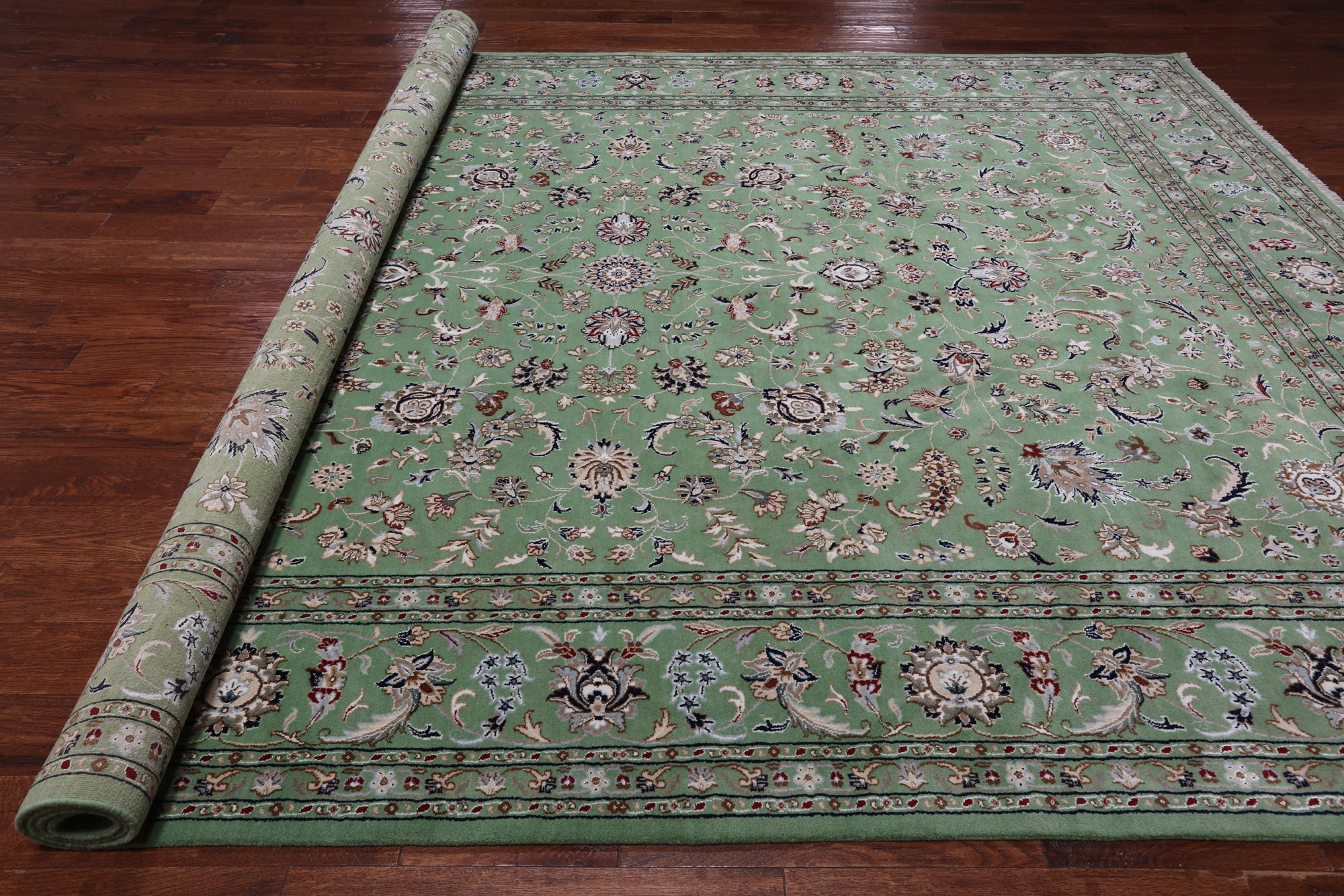 Green Persian Nain Hand Knotted Wool & Silk Rug - 8' 11" X 12' 4"