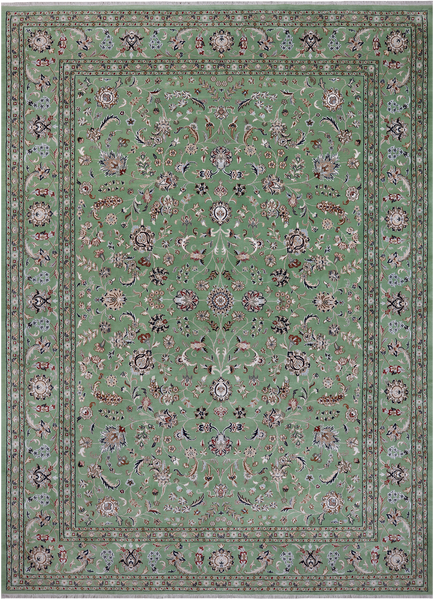 Green Persian Nain Hand Knotted Wool & Silk Rug - 8' 11" X 12' 4"