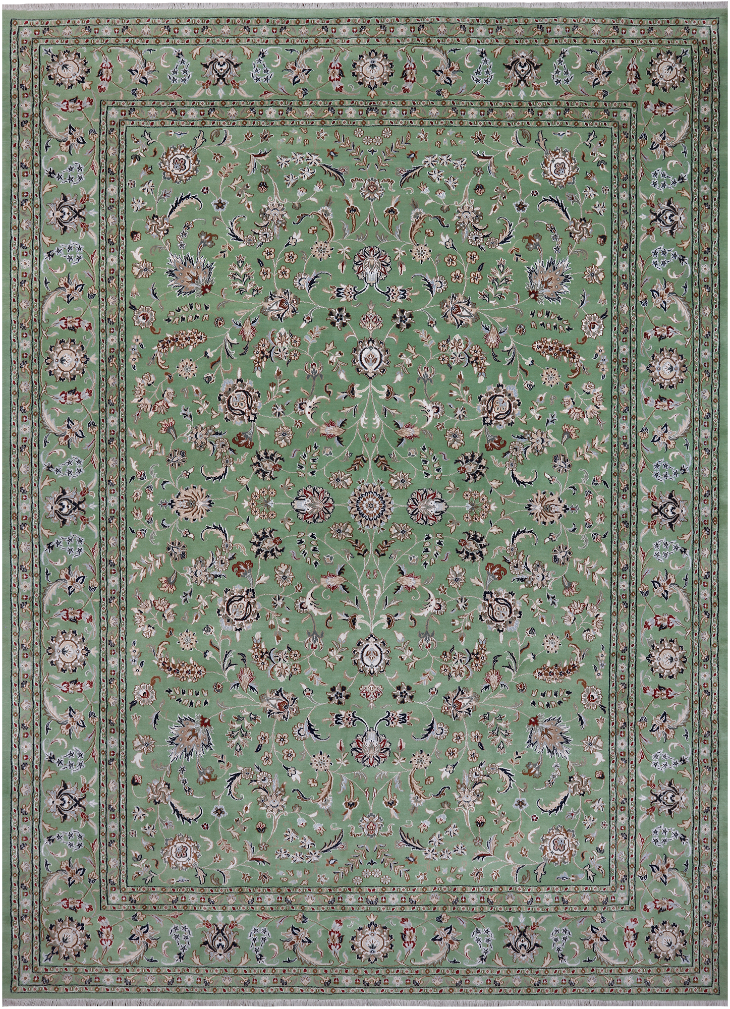 Green Persian Nain Hand Knotted Wool & Silk Rug - 8' 11" X 12' 4"