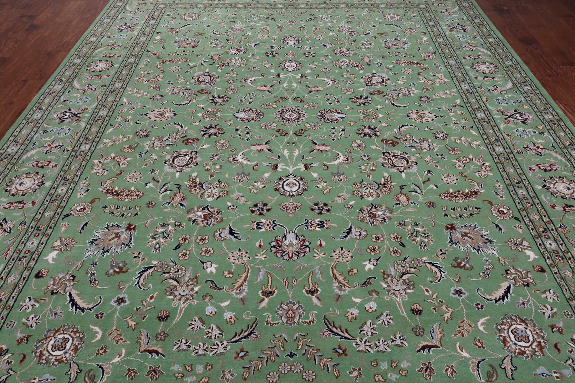 Green Persian Nain Hand Knotted Wool & Silk Rug - 8' 11" X 12' 4"