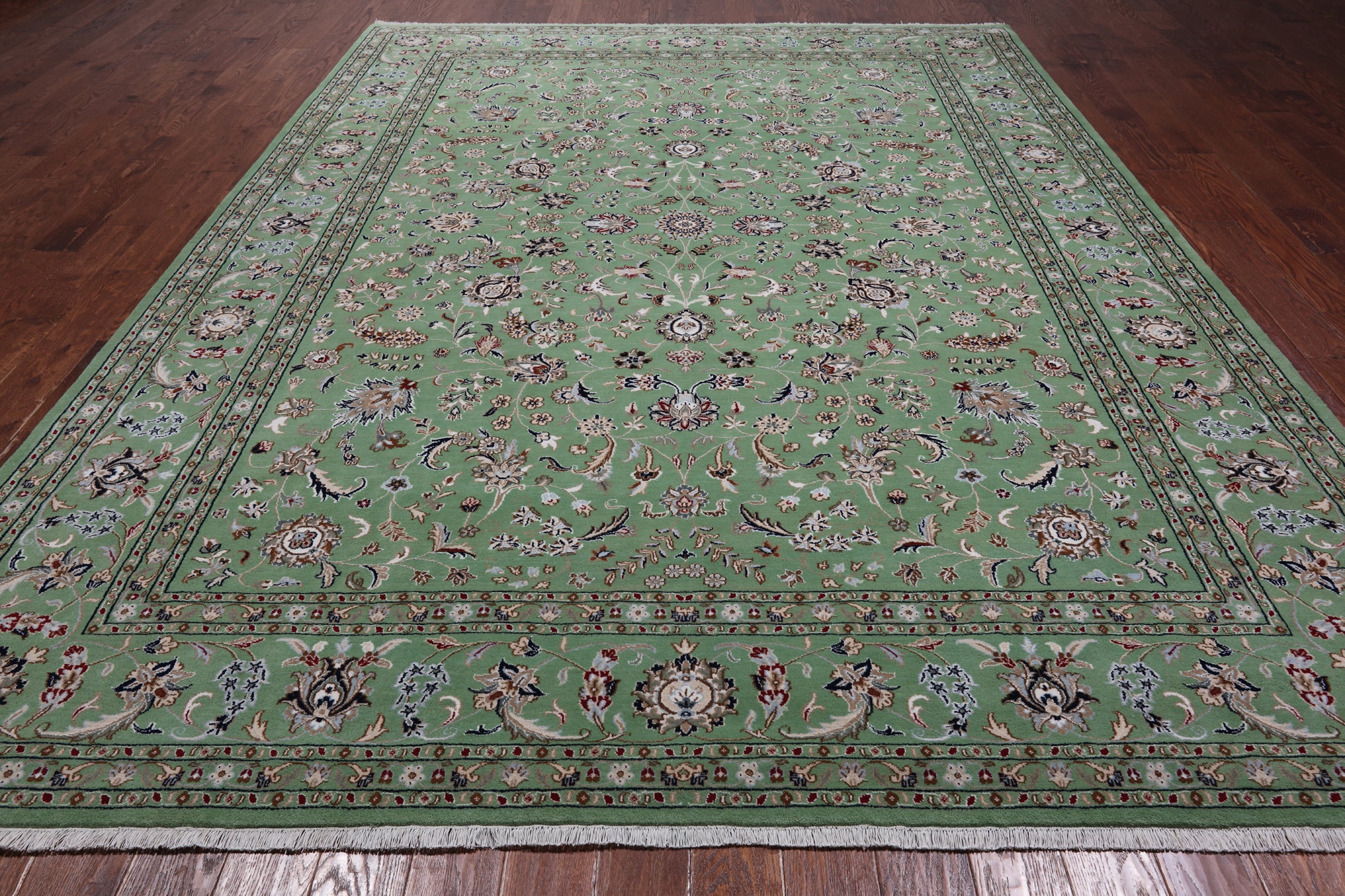 Green Persian Nain Hand Knotted Wool & Silk Rug - 8' 11" X 12' 4"