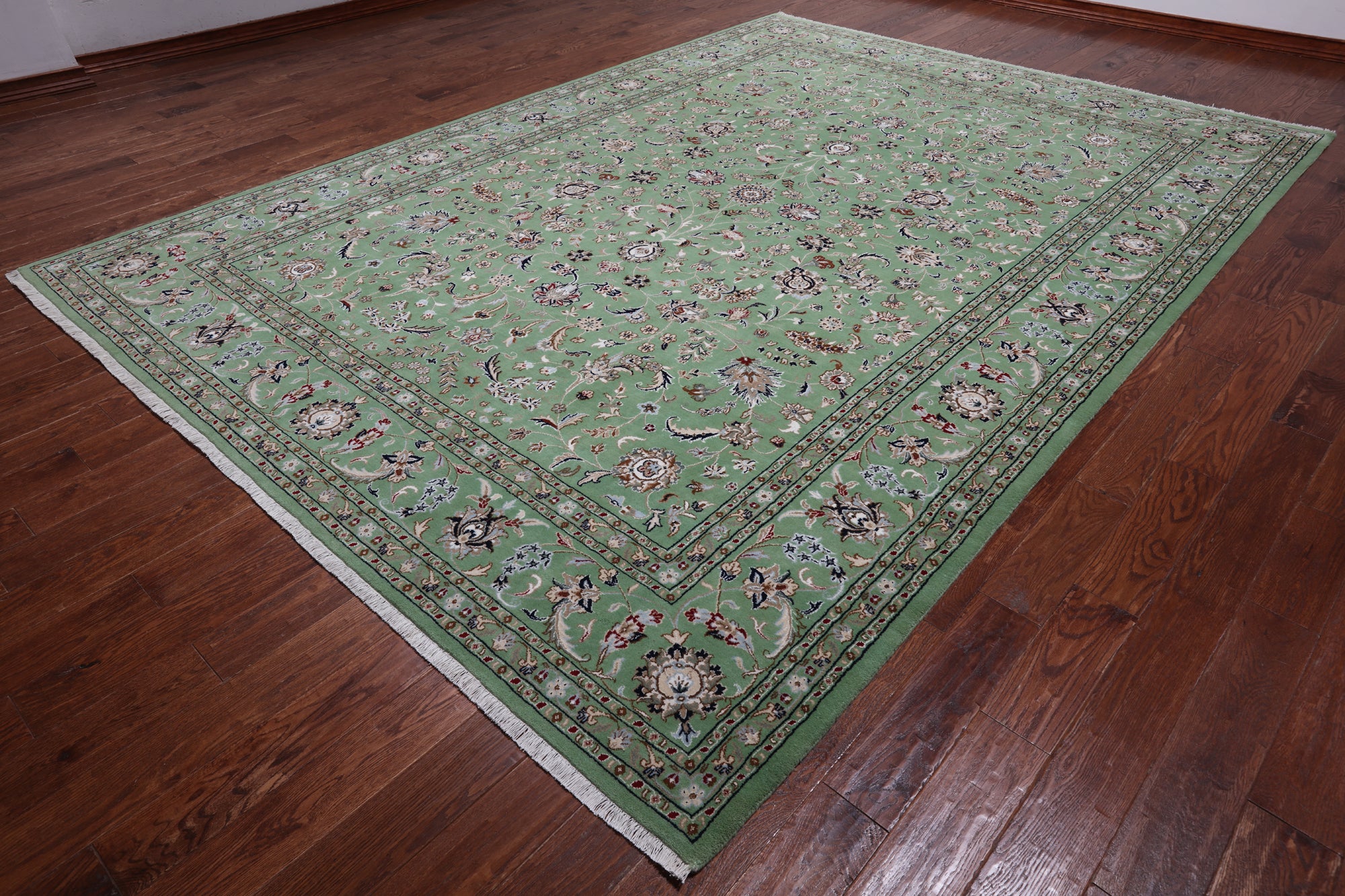 Green Persian Nain Hand Knotted Wool & Silk Rug - 8' 11" X 12' 4"