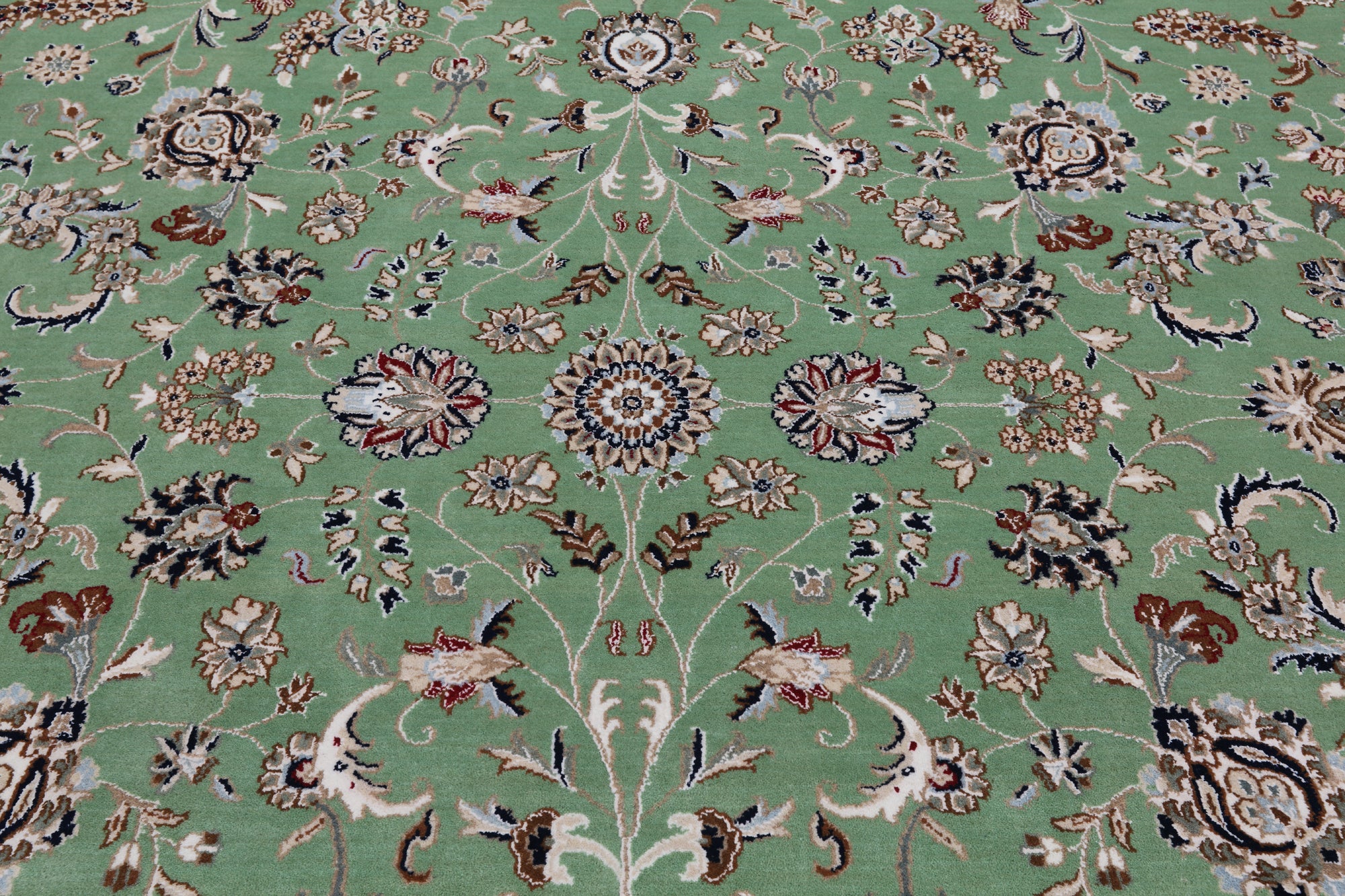 Green Persian Nain Hand Knotted Wool & Silk Rug - 8' 11" X 12' 4"