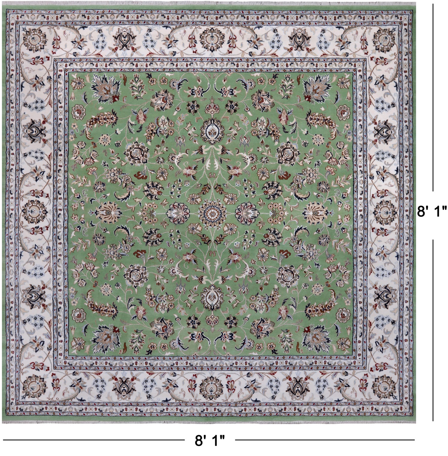 Green Square Persian Nain Hand-Knotted Wool & Silk Rug - 8' 1" X 8' 1"