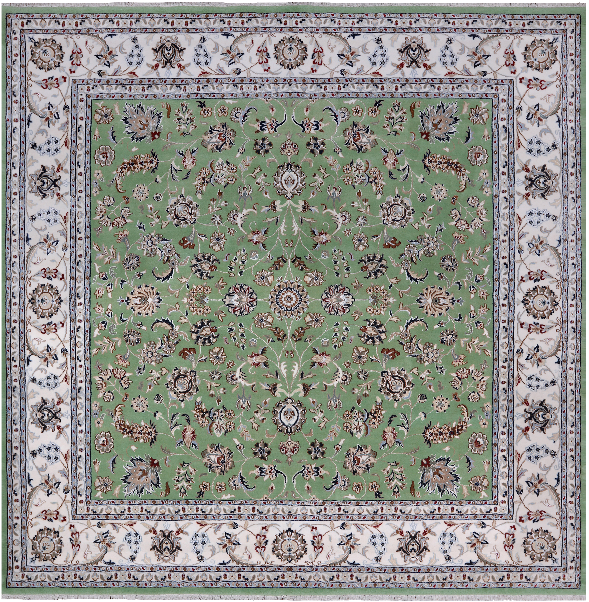 Green Square Persian Nain Hand-Knotted Wool & Silk Rug - 8' 1" X 8' 1"