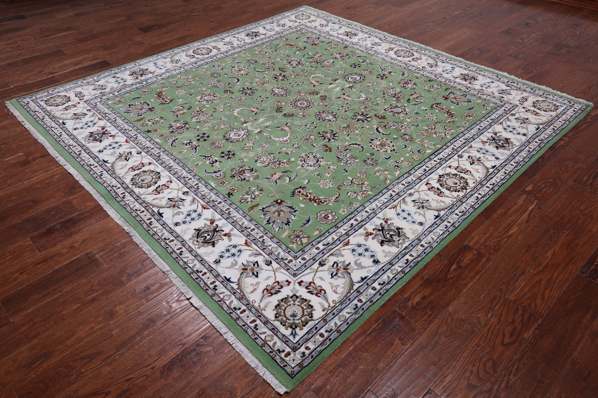 Green Square Persian Nain Hand-Knotted Wool & Silk Rug - 8' 1" X 8' 1"