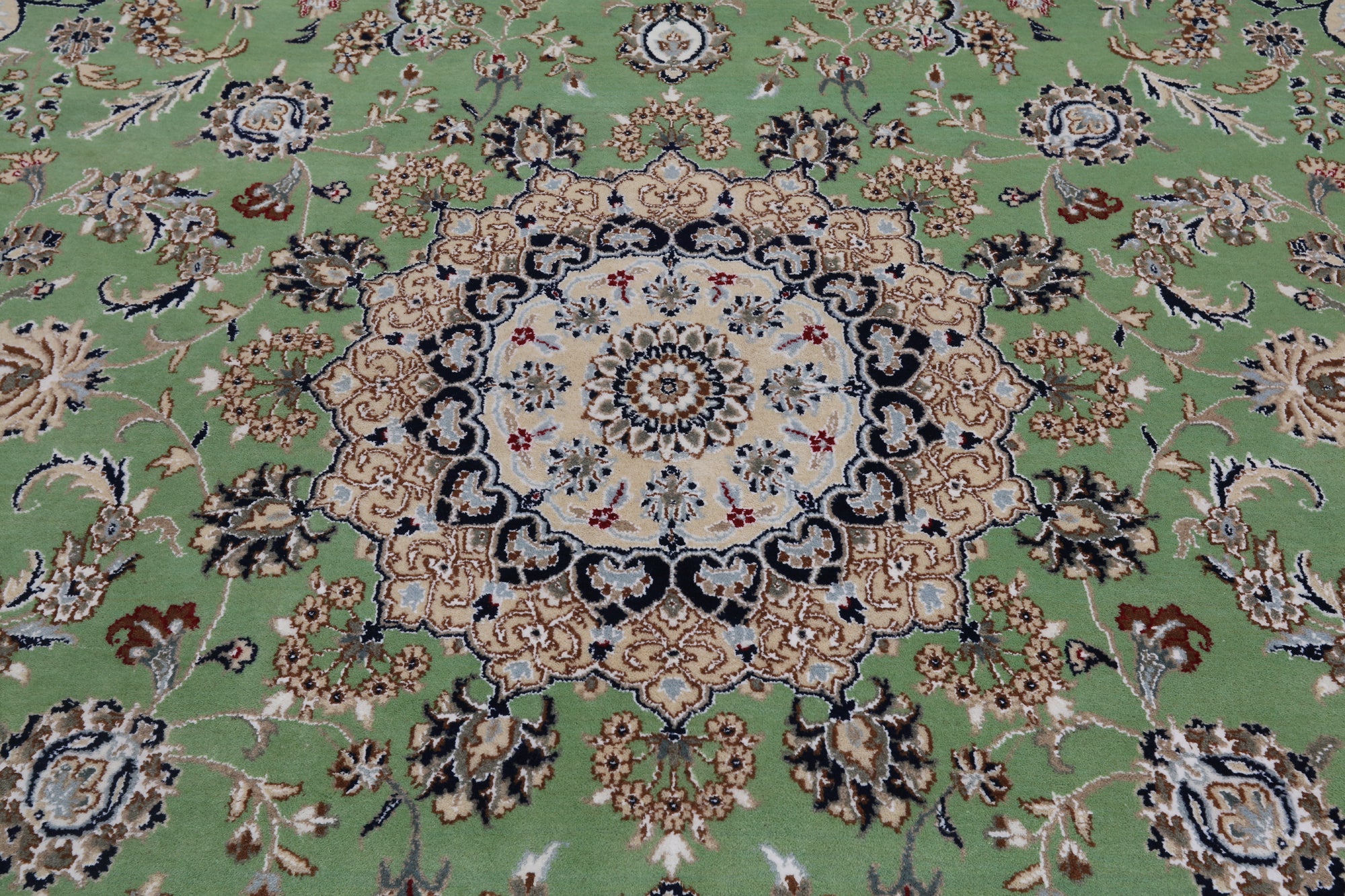 Green Persian Nain Hand Knotted Wool & Silk Rug - 7' 10" X 10' 2"