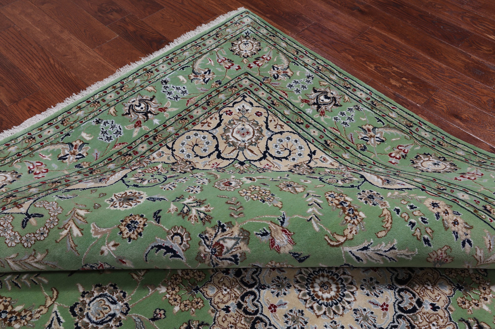 Green Persian Nain Hand Knotted Wool & Silk Rug - 7' 10" X 10' 2"