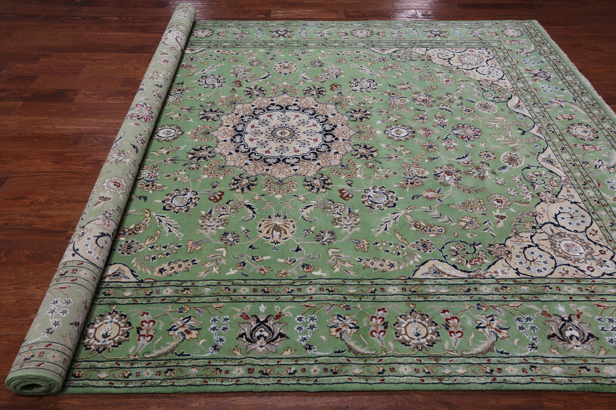 Green Persian Nain Hand Knotted Wool & Silk Rug - 7' 10" X 10' 2"
