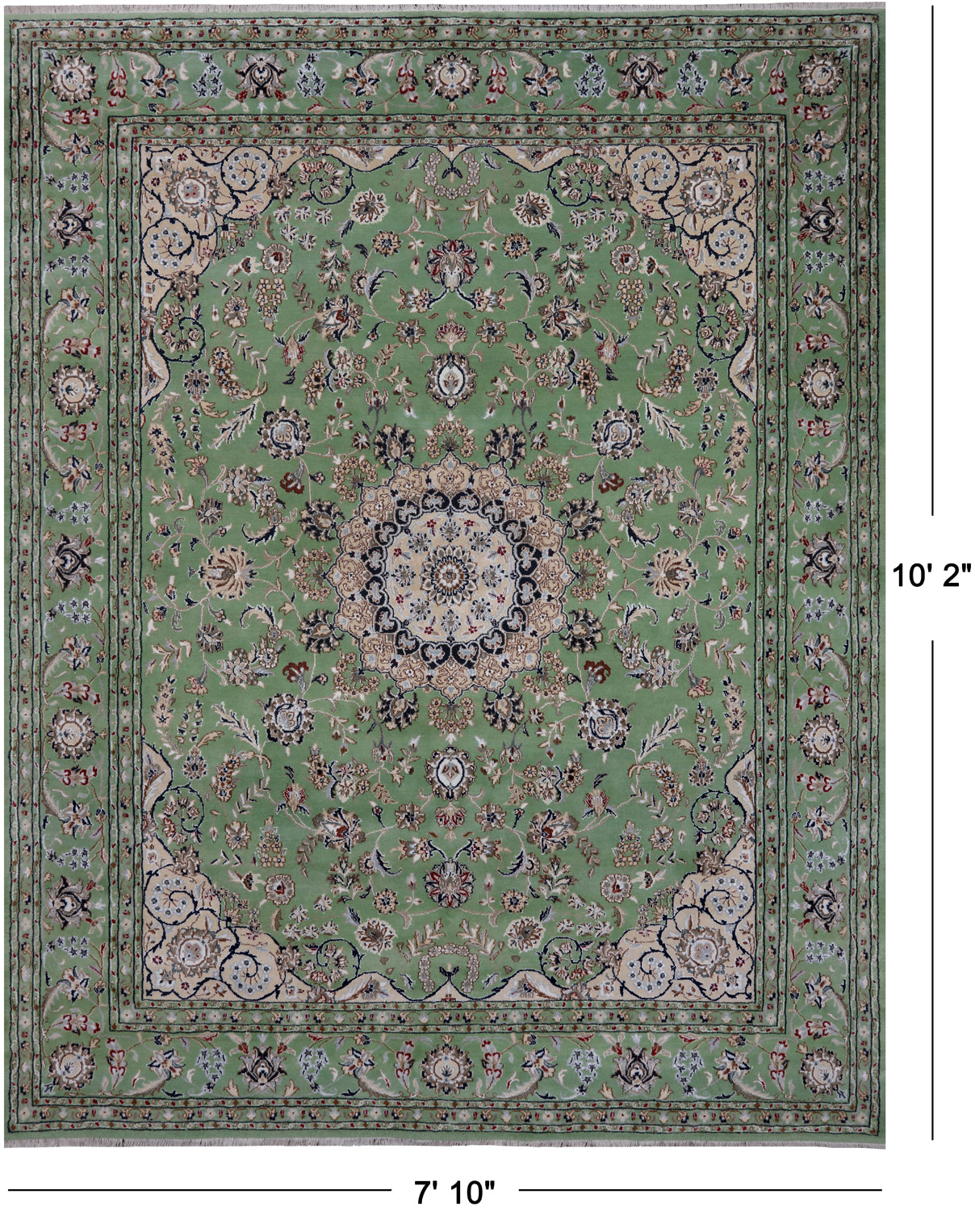 Green Persian Nain Hand Knotted Wool & Silk Rug - 7' 10" X 10' 2"