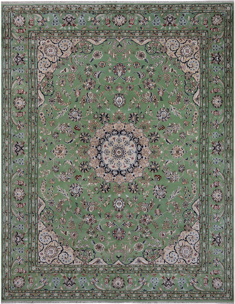 Green Persian Nain Hand Knotted Wool & Silk Rug - 7' 10" X 10' 2"