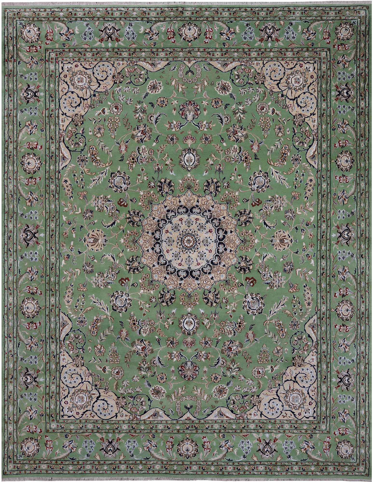 Green Persian Nain Hand Knotted Wool & Silk Rug - 7' 10" X 10' 2"