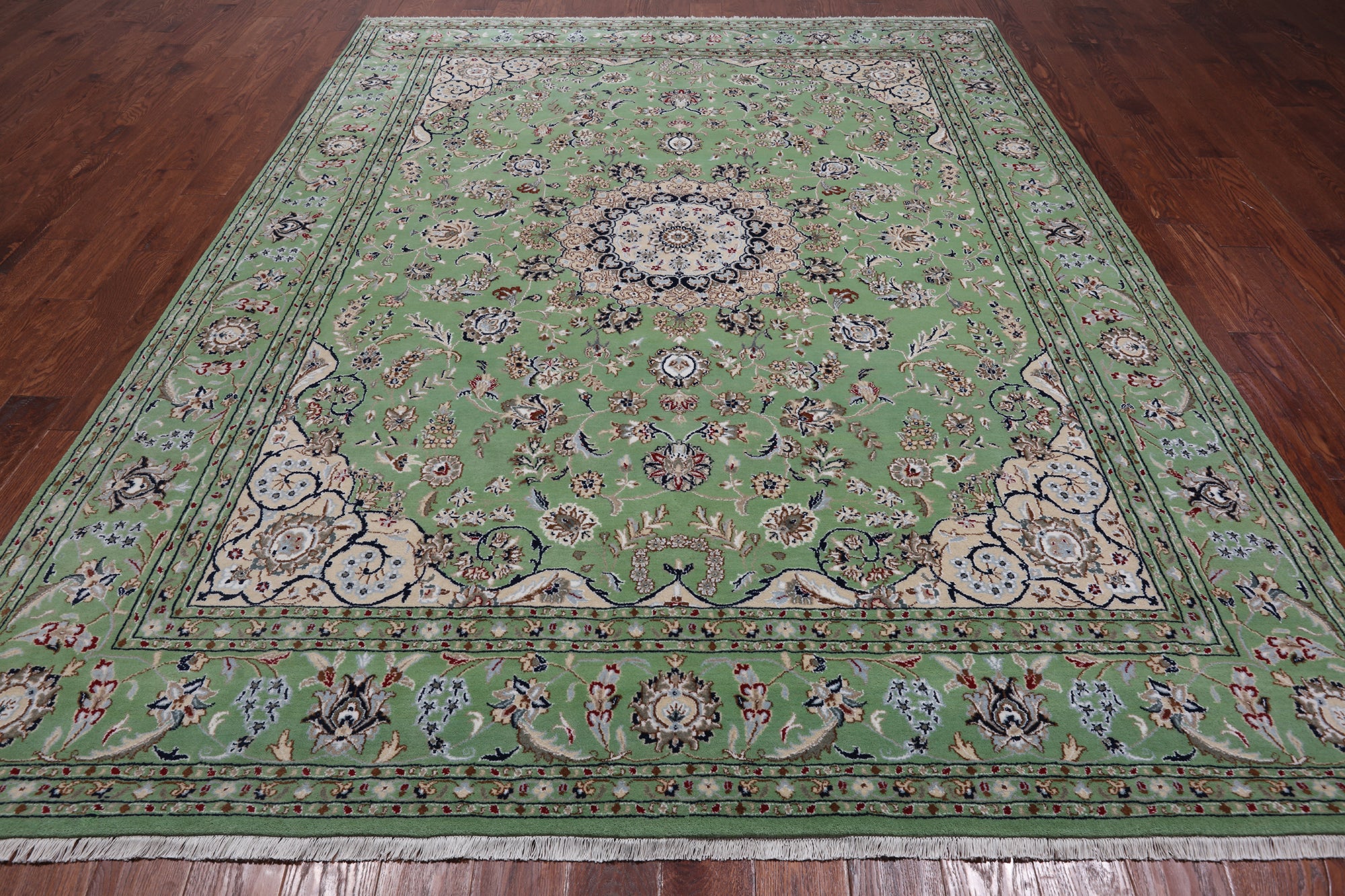 Green Persian Nain Hand Knotted Wool & Silk Rug - 7' 10" X 10' 2"