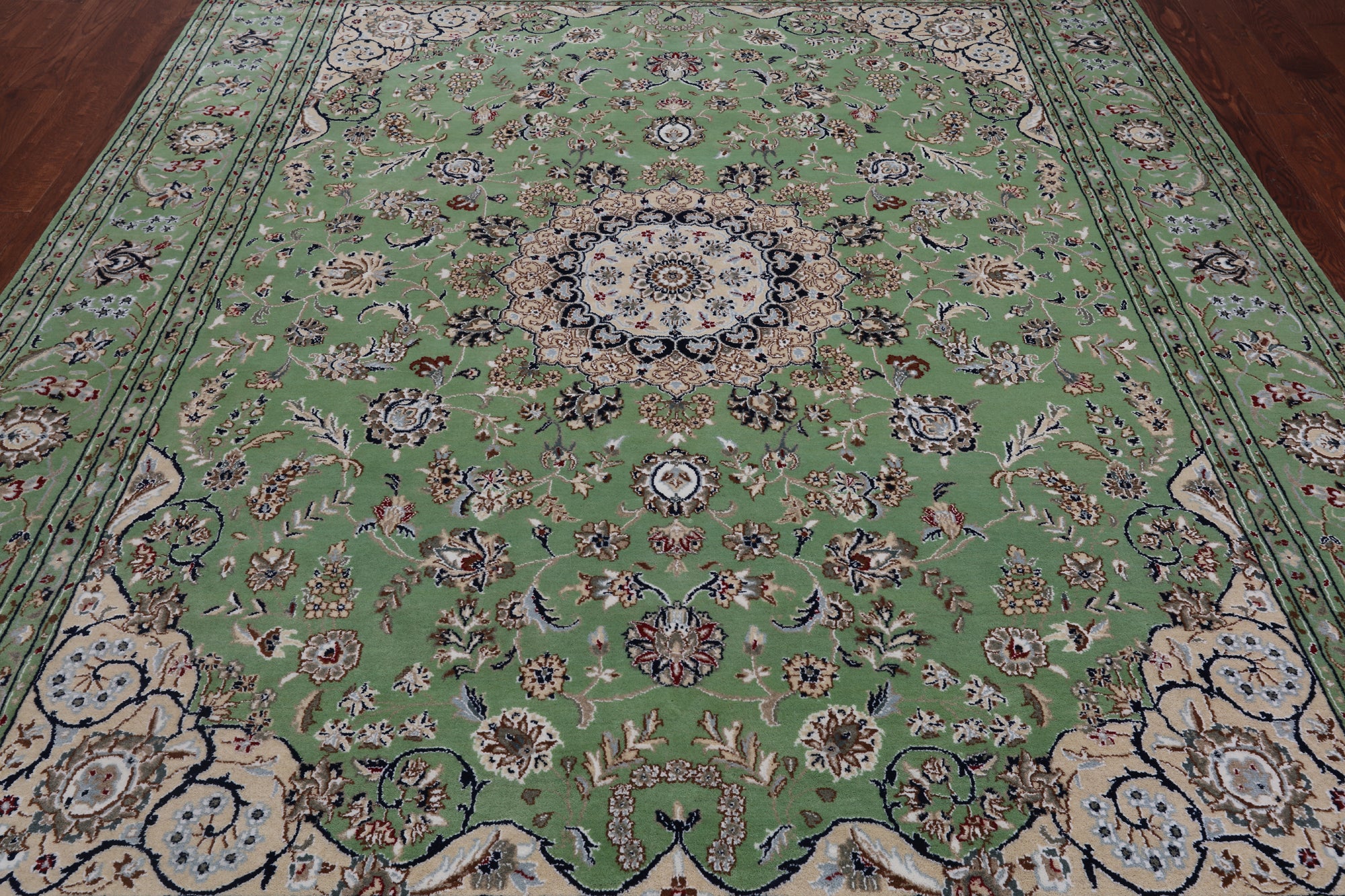 Green Persian Nain Hand Knotted Wool & Silk Rug - 7' 10" X 10' 2"
